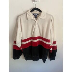 Knights Bridge Mens Velour Polo Shirt Medium White Red Black Striped Long Sleeve
